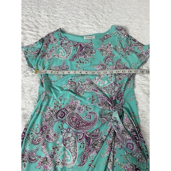 Signature Bobbie Bee Dress Women's Size PM Teal Green Faux Wrap Paisley Bow Tie - Picture 5 of 12